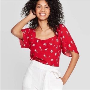 NWT a new day Red Floral Puff Sleeve Blouse Size Large